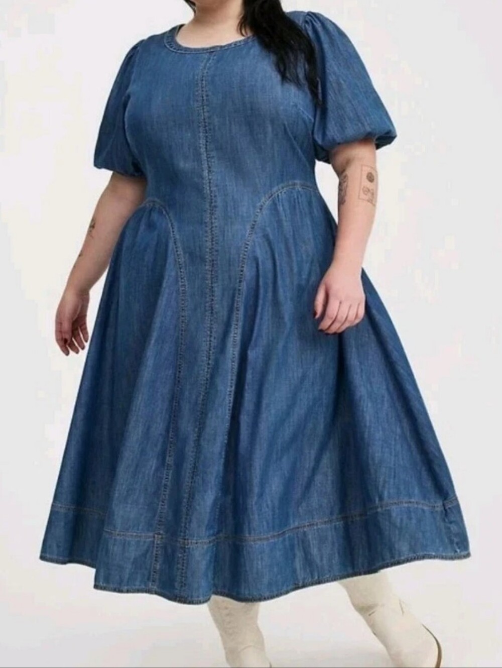 Torrid Fall Dress Woman 6X Puff Sleeve Paneled Blue Chambray Denim Tea Length